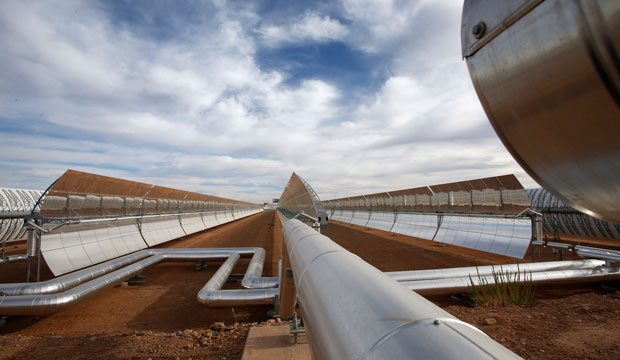 Construction of the Noor I solar power plant nears completion on April 24, 2015, by Ouarzazate, Morocco. (AP/Abdeljalil Bounhar)