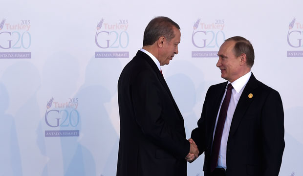 Turkish President Recep Tayyip Erdoğan, left, greets Russian President Vladimir Putin at the G-20 summit in Antalya, Turkey, on November 15, 2015. (AP/Susan Walsh)