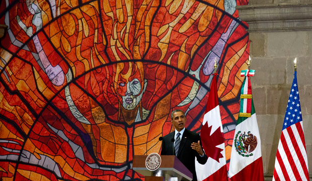 President Barack Obama speaks at a news conference after the seventh trilateral North American Leaders Summit in Toluca, Mexico, on February 19, 2014. (AP/Jacquelyn Martin)