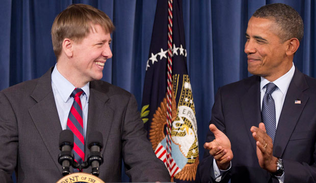 President Barack Obama visits Richard Cordray at CFPB's offices in Washington, D.C., January 2012. (AP/J. Scott Applewhite)