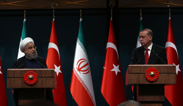 Iranian President Hassan Rouhani and Turkish President Recep Tayyip Erdoğan speak during a joint news conference in Ankara, Turkey, on April 16, 2016. (AP/Burhan Ozbilici)