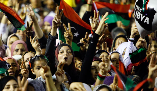 Libyan revolutionary supporters react as Libyan Transitional National Council Chairman Mustafa Abdel Jalil speaks in Tripoli, Libya, September 12, 2011. (AP/Francois Mori)