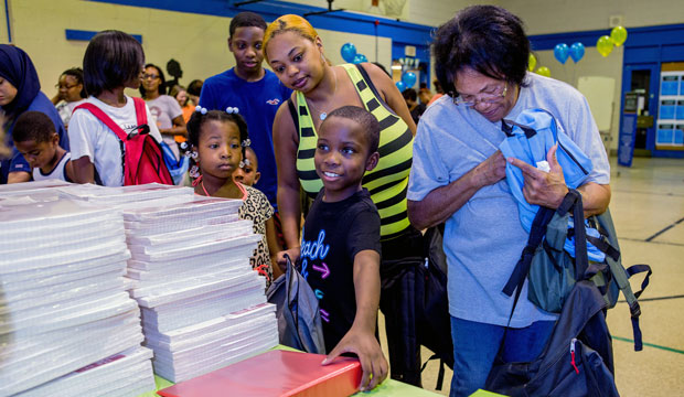 Parents and students at the Andrew Hamilton School in Philadelphia, August 20, 2016. (AP/Jeff Fusco)