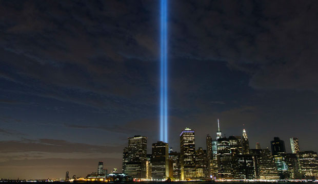 The Tribute in Light rises above the lower Manhattan skyline on September 10, 2016, in New York. (AP/Mark Lennihan)