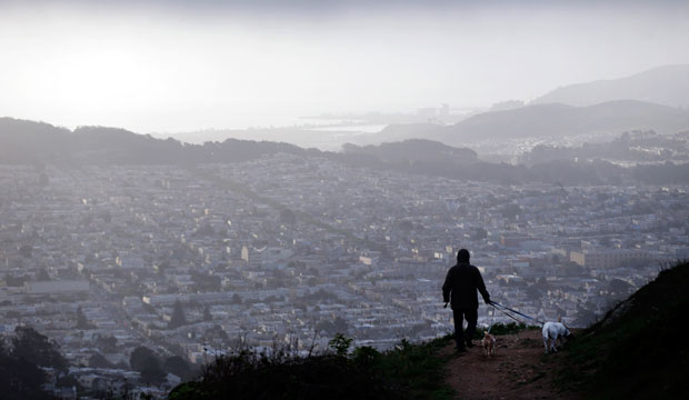 A person walks dogs on Mount Davidson overlooking San Francisco in the early morning hours of March 21, 2014. (AP/Marcio Jose Sanchez)