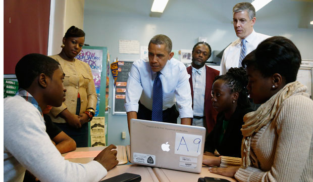 President Barack Obama visits a math classroom at P-TECH in Brooklyn, New York. (AP/Charles Dharapak)