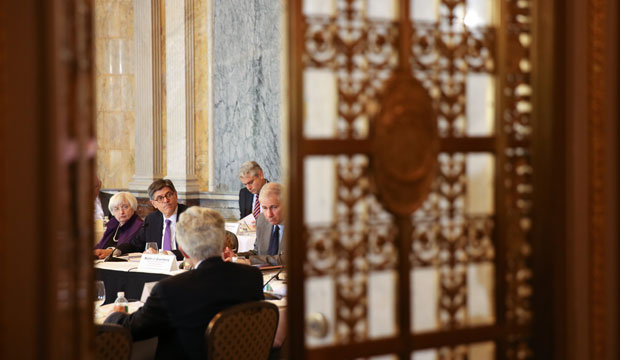 Treasury Secretary Jacob Lew, second from right, Federal Reserve Chair Janet Yellen, left, and Federal Deposit Insurance Corporation Chairman Martin Gruenberg, right, attend a meeting. (AP/Andrew Harnik)