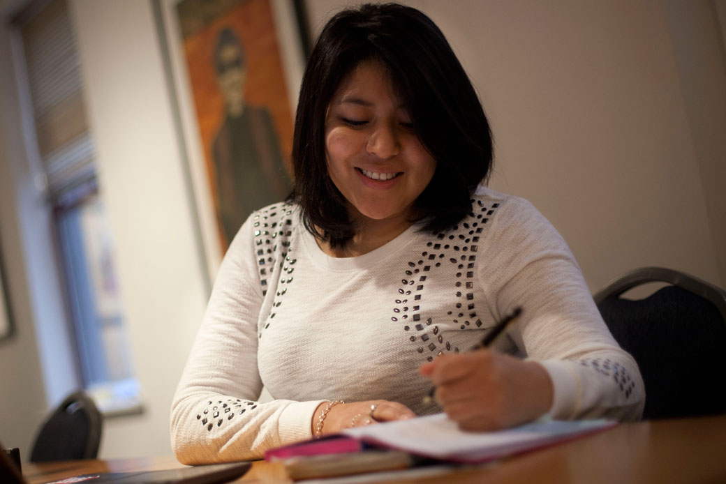 Hareth Andrade, who was born in Bolivia, works at the Mexican American Legal Defense and Education Fund office in Washington, D.C., on February 7, 2014. (AP/Pablo Martinez Monsivais)