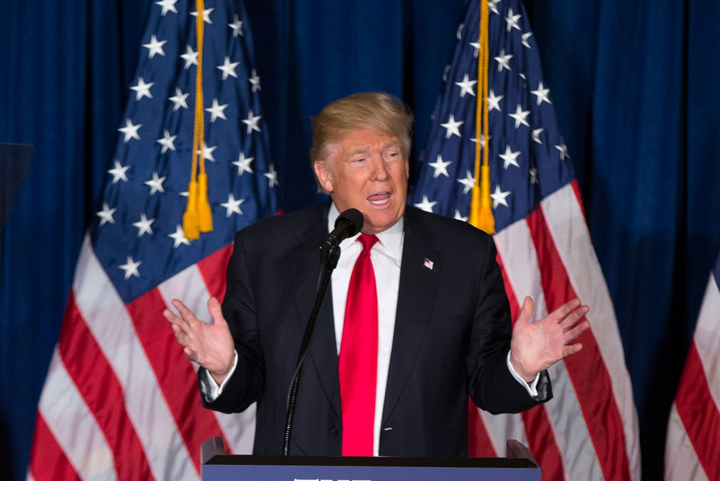 Donald Trump gives a foreign policy speech at the Mayflower Hotel in Washington, D.C., on April 27, 2016. (AP/Evan Vucci)