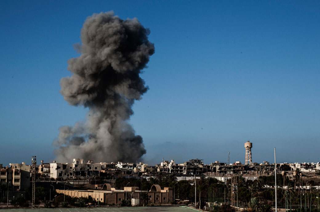 Smoke rises after an airstrike in Sirte, Libya, on September 28, 2016.