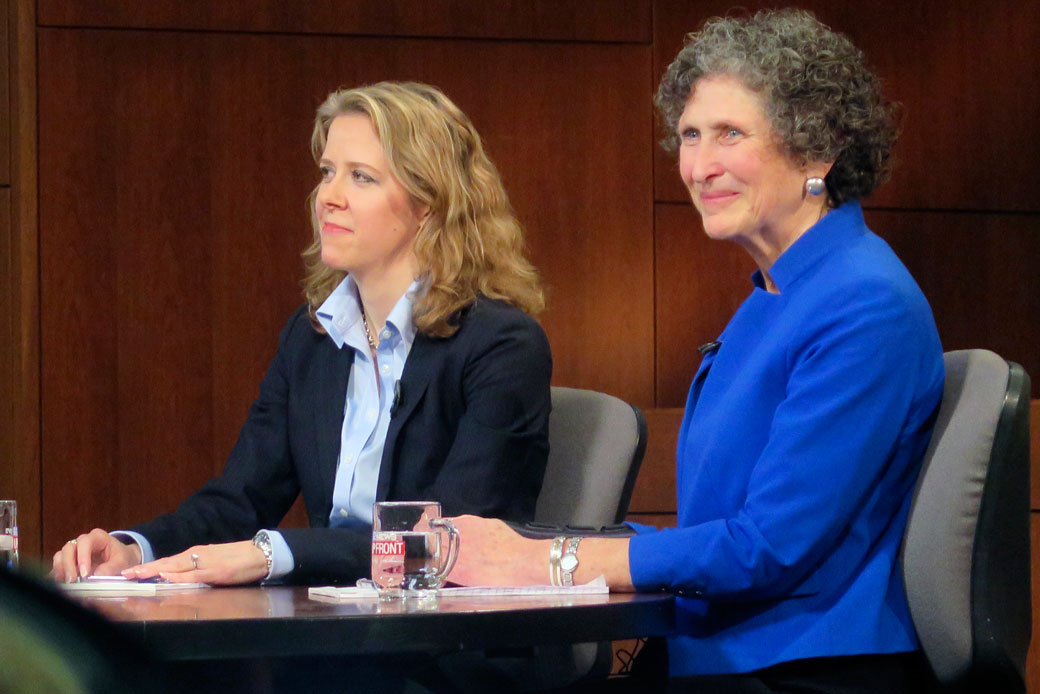 Wisconsin Supreme Court Justice Rebecca Bradley, left, and opponent JoAnne Kloppenburg listen during a debate at Marquette University in Milwaukee on March 15, 2016. (AP/Greg Moore)