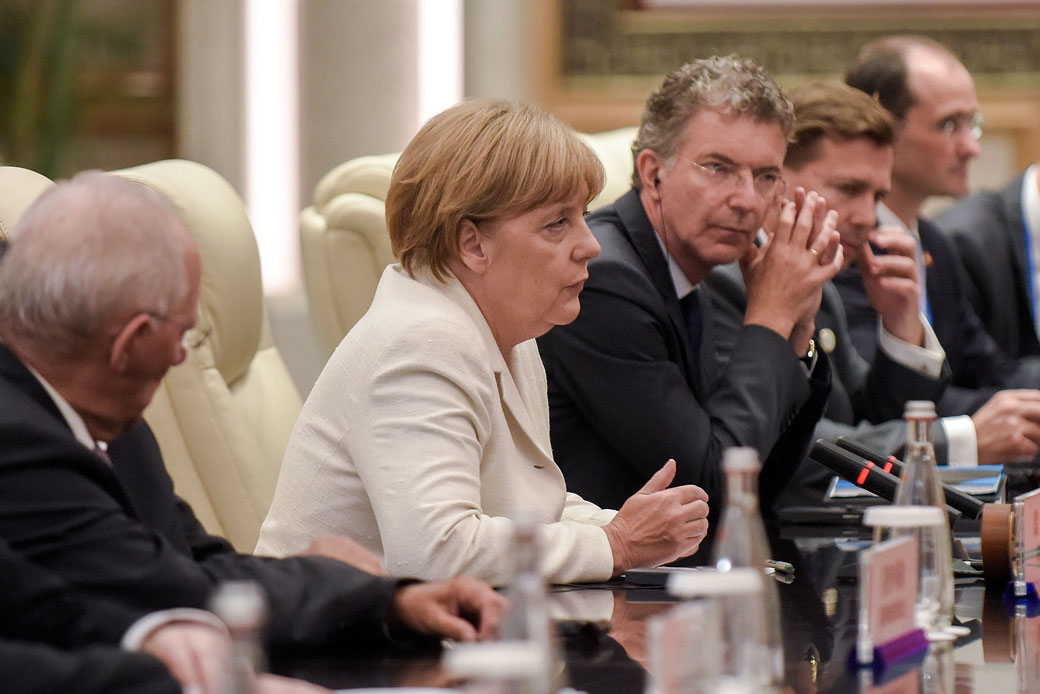 German Chancellor Angela Merkel speaks during a G-20 meeting in Hangzhou, China, on September 5, 2016. (AP/Etienne Oliveau)