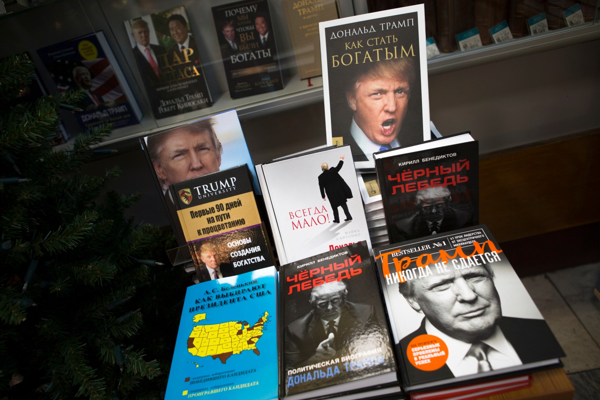 Books by President-elect Donald Trump and about him sit on a display in the Moscow House of Books in Moscow, November 14, 2016. (AP/Alexander Zemlianichenko)