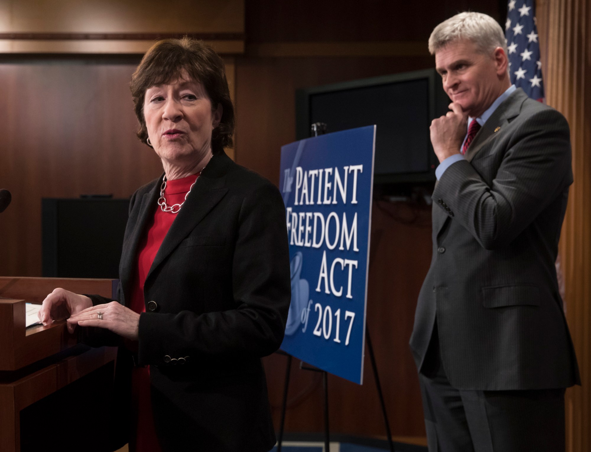 Sen. Susan Collins (R-ME) accompanied by Sen. Bill Cassidy (R-LA), speaks during a news conference on Capitol Hill in Washington, January 23, 2017, to announce the Patient Freedom Act of 2017. ((AP/J. Scott Applewhite))