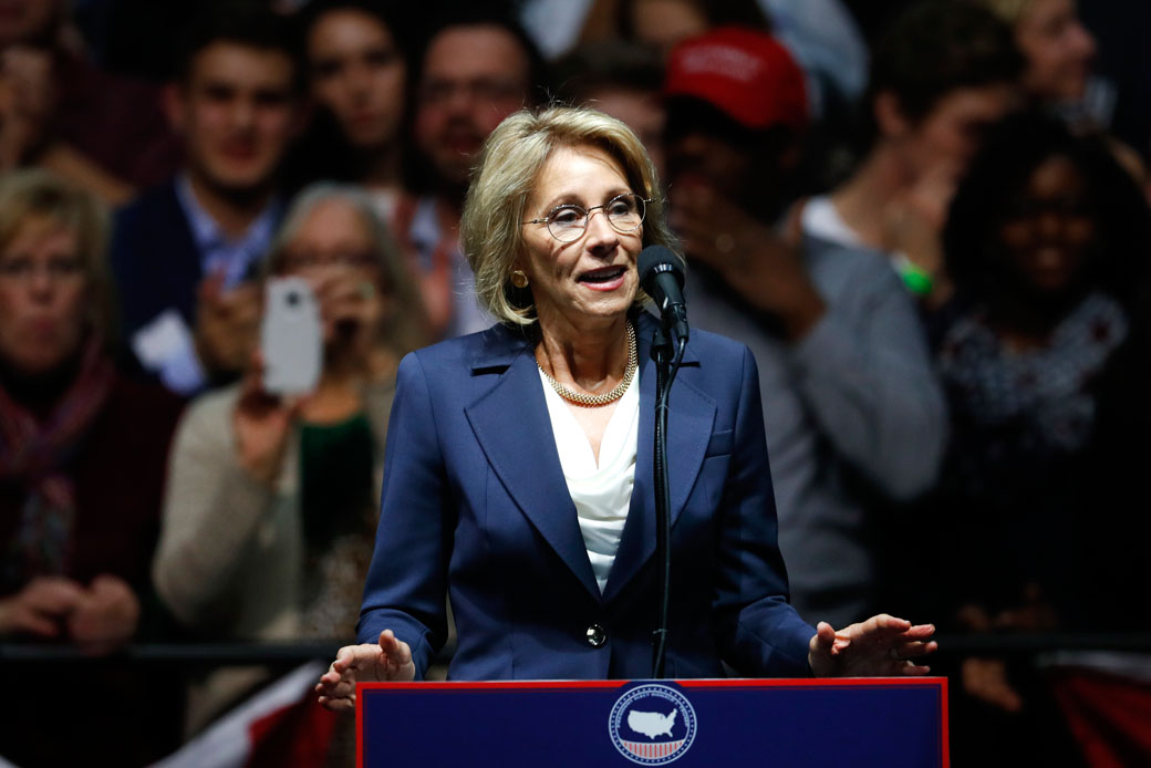 Betsy DeVos speaks during a rally in Grand Rapids, Michigan, on December 9, 2016. (AP/Paul Sancya)