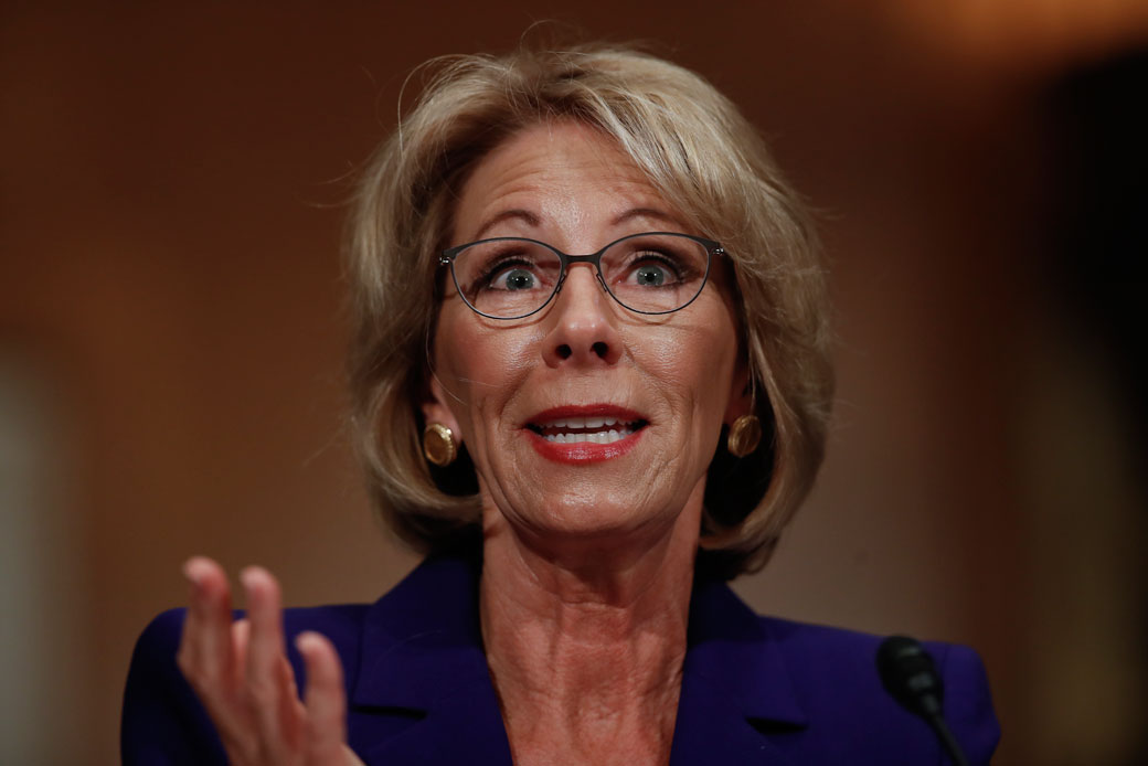 Education Secretary-designate Betsy DeVos testifies on Capitol Hill in Washington, Tuesday, January 17, 2017, at her confirmation hearing before the U.S. Senate Health, Education, Labor and Pensions Committee. (AP/Carolyn Kaster)