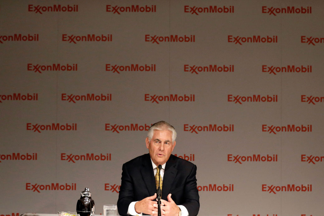 Then-ExxonMobil CEO Rex Tillerson speaks to reporters in Dallas on May 28, 2014. (AP/LM Otero)