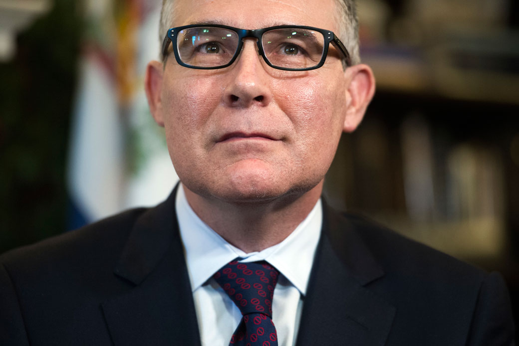 Scott Pruitt, the nominee for U.S. Environmental Protection Agency administrator, listens to a reporter's question during a meeting on Capitol Hill in Washington, Wednesday, January 4, 2017. (AP Photo/Cliff Owen)