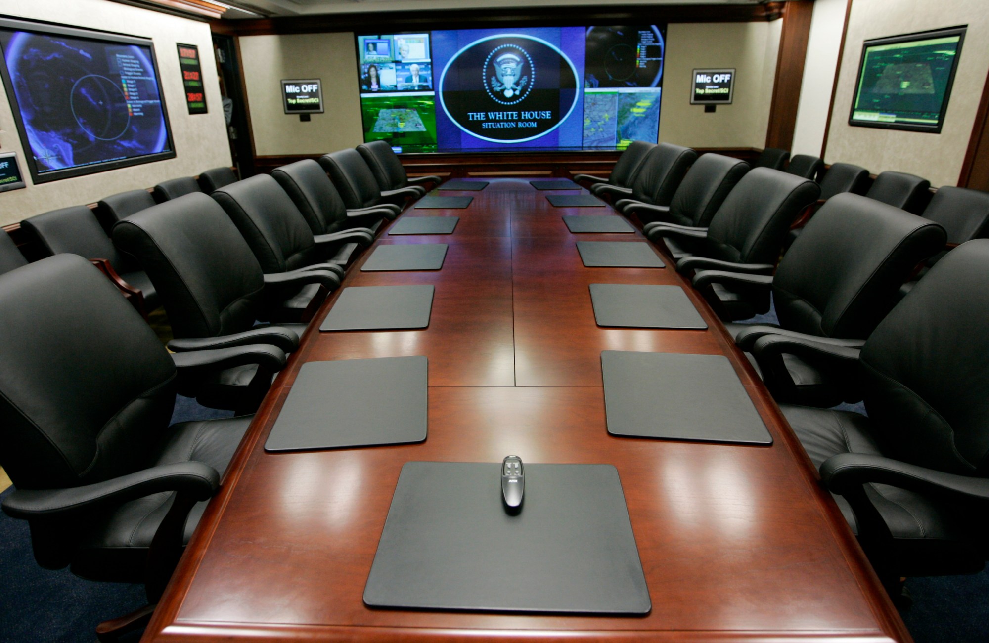 The view from former President George W. Bush's chair in the Situation Room of the White House, Washington, May 2007. (AP/Charles Dharapak)