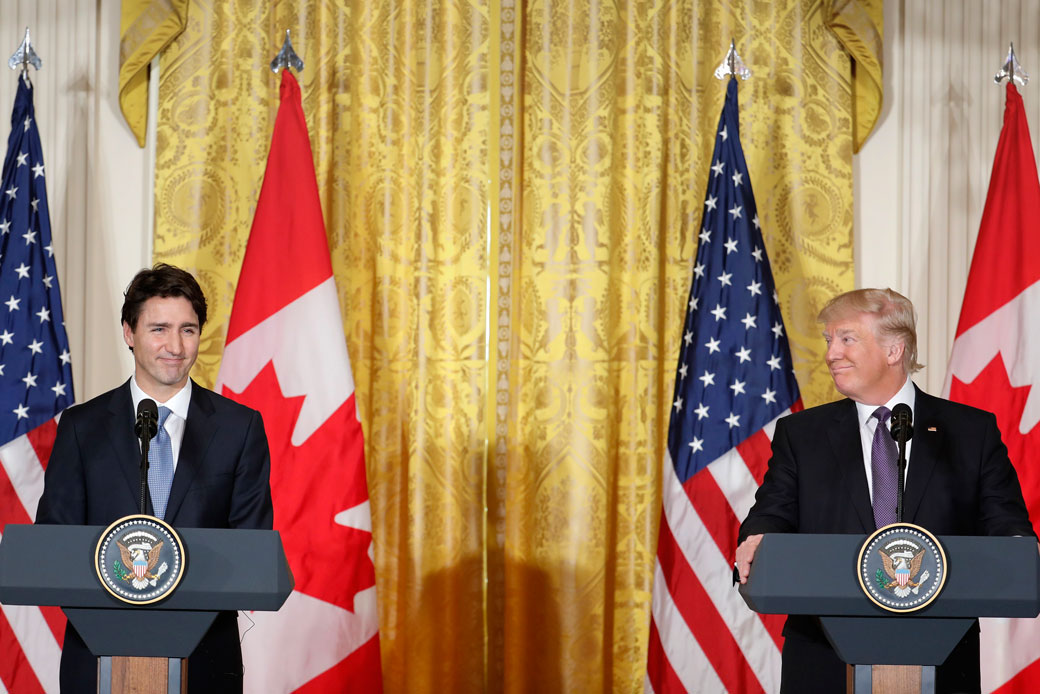 President Donald Trump and Canadian Prime Minister Justin Trudeau speak at the White House on February 13, 2017. (AP/Pablo Martinez Monsivais)