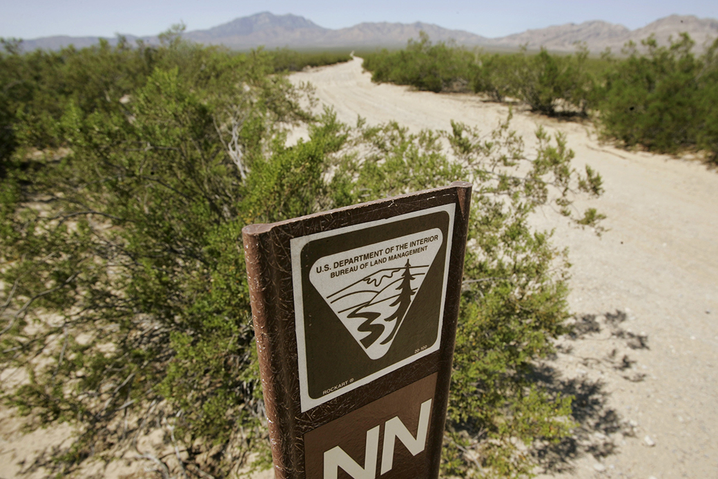 Seen is a Bureau of Land Management range marker in the proposed location of three solar energy generation complexes in the eastern Mojave Desert several miles from Ivanpah, California, September 2008. ((AP/Reed Saxon))