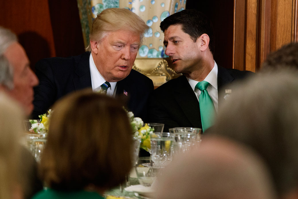 President Donald Trump talks with House Speaker Paul Ryan, March 2017. (AP/Evan Vucci)