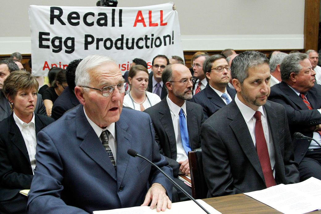 Wright County Egg owner Austin “Jack” DeCoster, left, and his son, CEO Peter DeCoster, testify before the House Oversight and Investigations subcommittee hearing on 