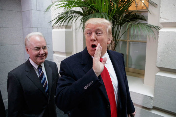 President Donald Trump and U.S. Health and Human Services Secretary Tom Price arrive on Capitol Hill in Washington, Tuesday, March 21, 2017, to rally support for the Republican health care overhaul. (AP/J. Scott Applewhite)