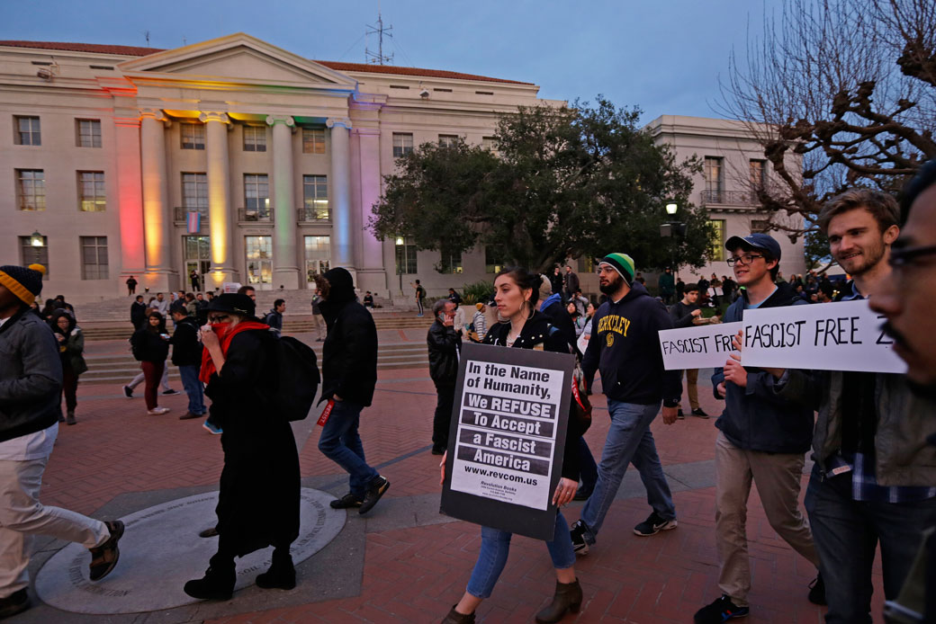 People march at the University of California, Berkeley, to protest the appearance of Breitbart News editor Milo Yiannopoulos, on February 1, 2017. (AP/Ben Margot)