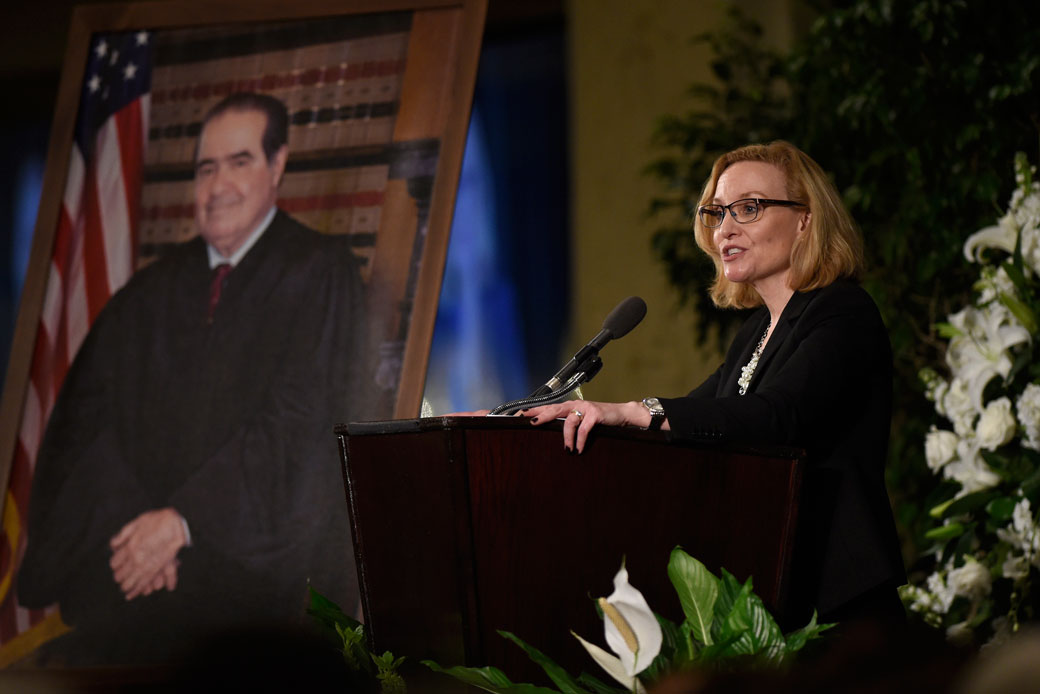 Joan Larsen, justice of the Michigan Supreme Court and President Trump's nominee to fill the vacancy on the U.S. Court of Appeals for the 6th Circuit, speaks at a memorial for Justice Antonin Scalia in Washington, March 2016. (AP/Susan Walsh, Pool)