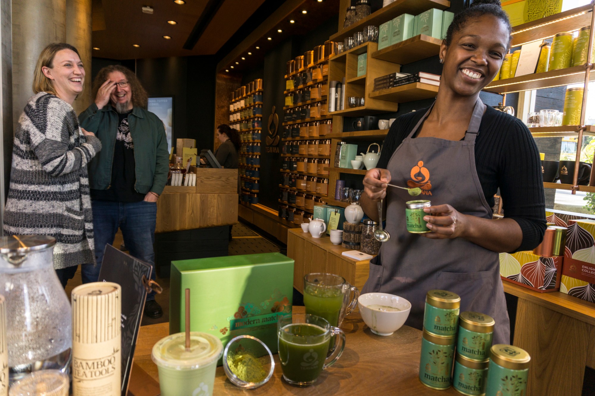 Teavana barista Riaunna Durham prepares matcha tea at the new Teavana Fine Teas and Tea Bar in Beverly Hills, California, March 4, 2015. (AP/Damian Dovarganes)