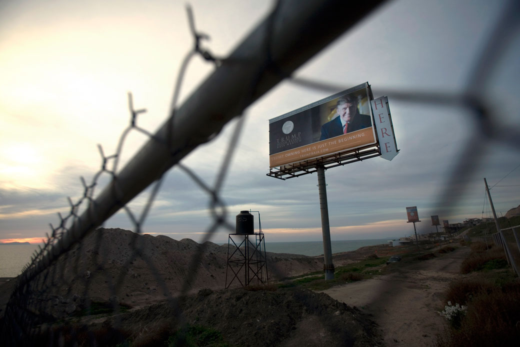 A Trump Ocean Resort Baja highway billboard remains on the project lot on the outskirts of Tijuana, Mexico, February 2009. (AP/Guillermo Arias)
