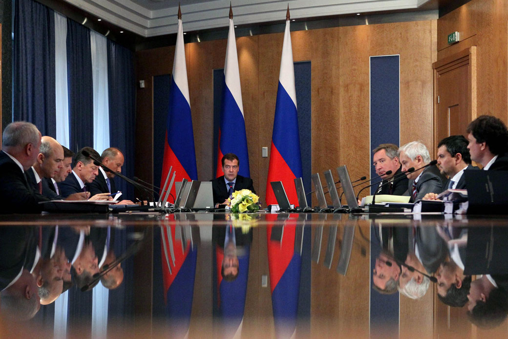 Russian Prime Minister Dmitry Medvedev holds a meeting with a supervisory board of Russian state-owned investment bank Vnesheconombank in Moscow, July 11, 2012. (AP/RIA-Novosti, Yekaterina Shtukina)