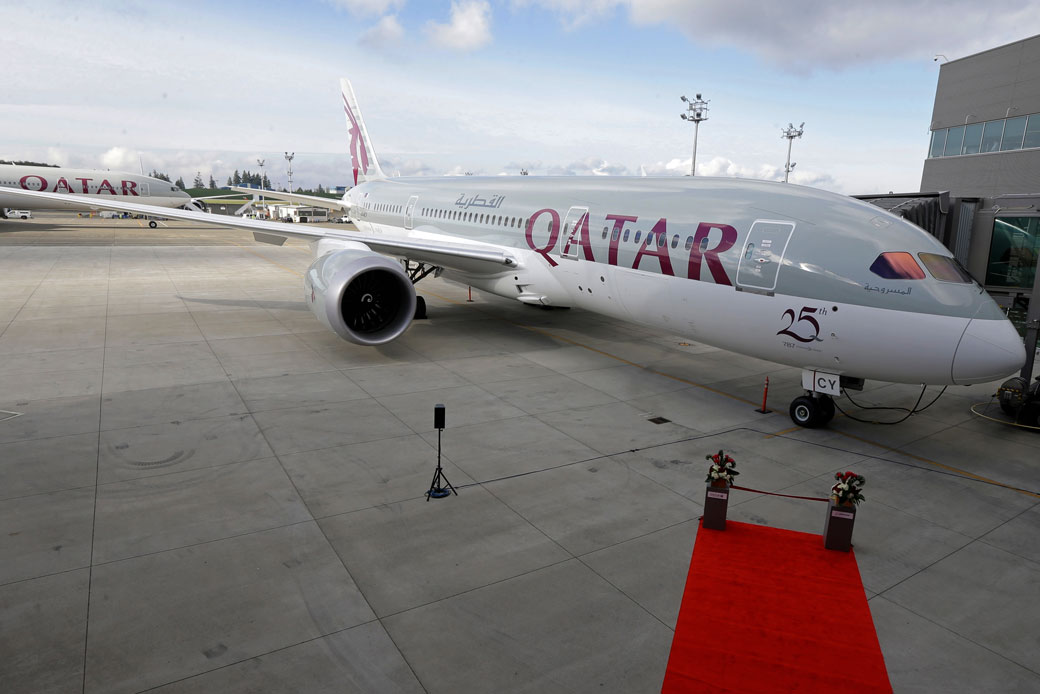 An airplane purchased by Qatar Airways is shown during a delivery ceremony in Everett, Washington, November 4, 2015. (AP/Ted S. Warren)
