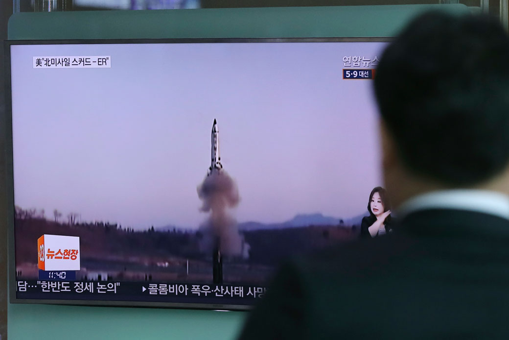 In Seoul, South Korea, a man watches a TV news program reporting about North Korea's missile firing, April 6, 2017. (AP/Lee Jin-man)