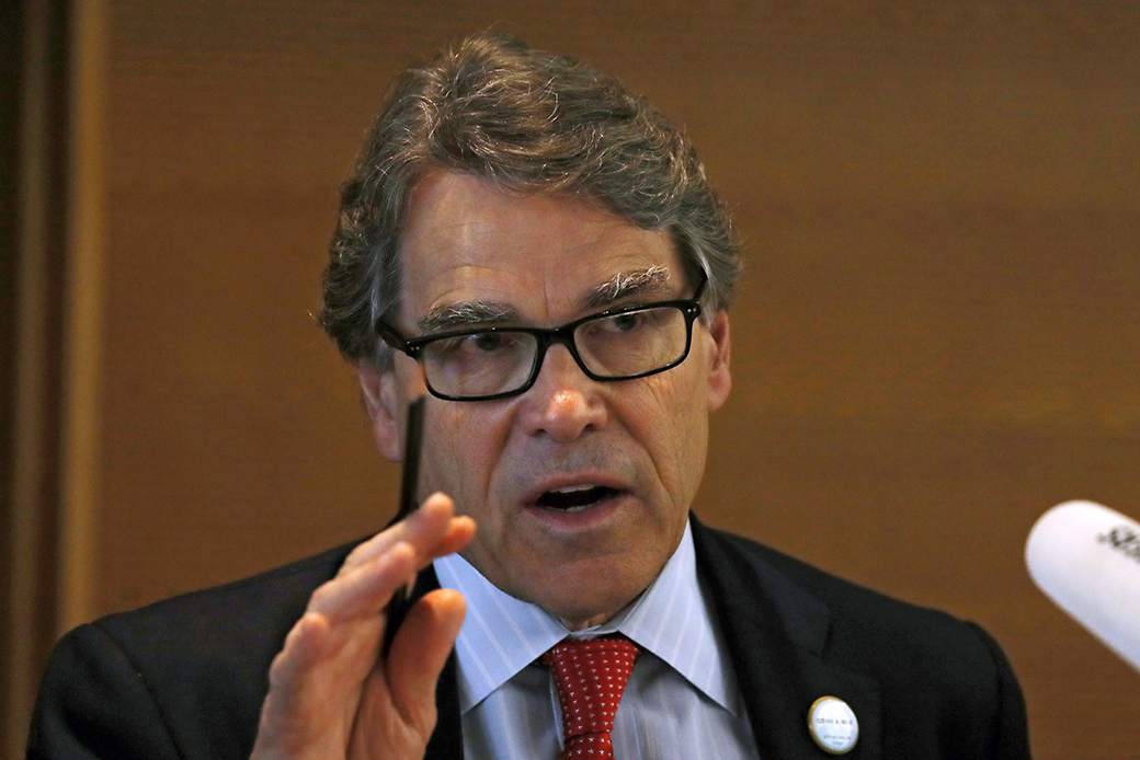 U.S. Energy Secretary Rick Perry speaks during the carbon capture, utilization, and storage event, on the sidelines of the clean energy conference held at the China National Convention Center in Beijing, June 6, 2017. (AP/Andy Wong)