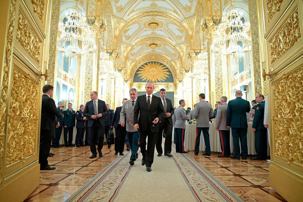 Russian President Vladimir Putin, front, attends a meeting with graduates of military and police academies in the Kremlin in Moscow, Russia, Wednesday, June 28, 2017. (AP/Alexei Druzhinin)