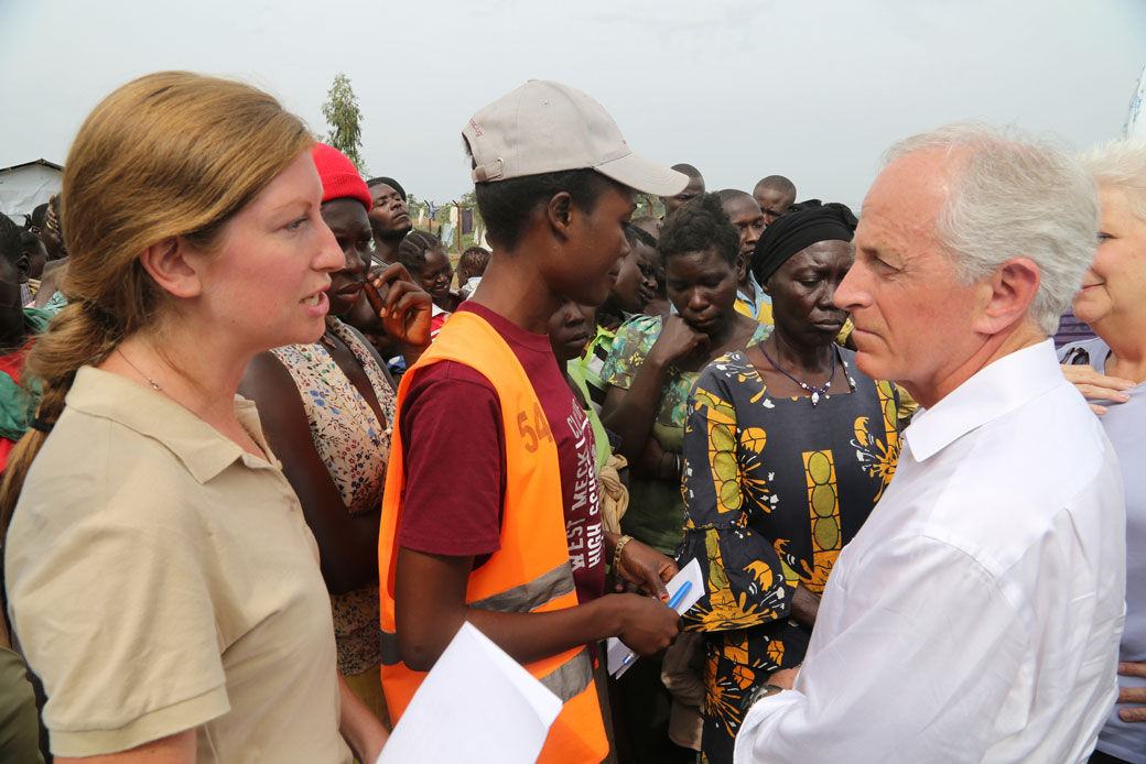 Sen. Bob Corker (R-TN), right, speaks with an official from the World Food Program at the Bidi Bidi refugee settlement in Uganda on April 14, 2017. (AP/Justin Lynch)