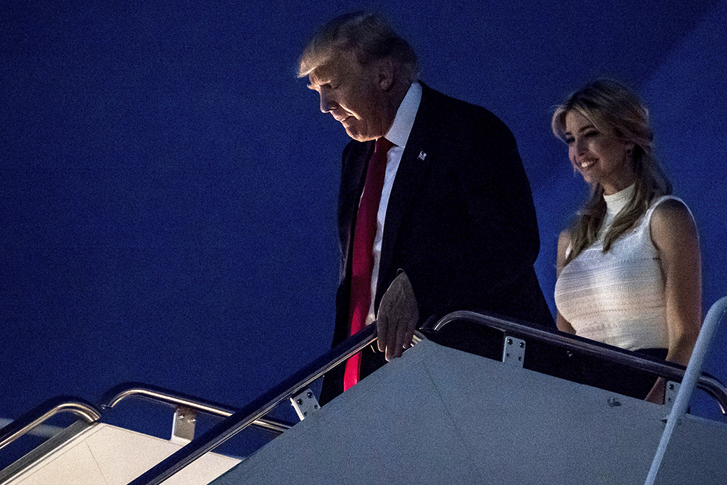 President Donald Trump and Ivanka Trump arrive at Andrews Air Force Base, Maryland, to board Marine One for a short trip to the White House on June 13, 2017, after traveling to Milwaukee. (AP/Andrew Harnik)