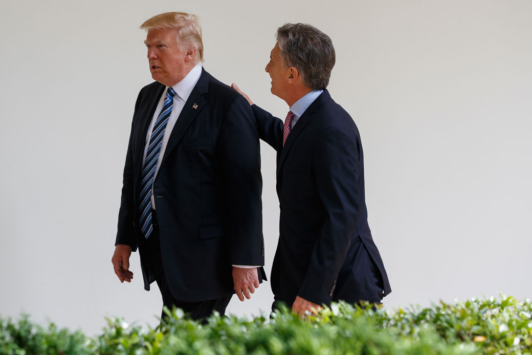 President Donald Trump walks with Argentine President Mauricio Macri at the White House in Washington, April 27, 2017. (AP/Evan Vucci)