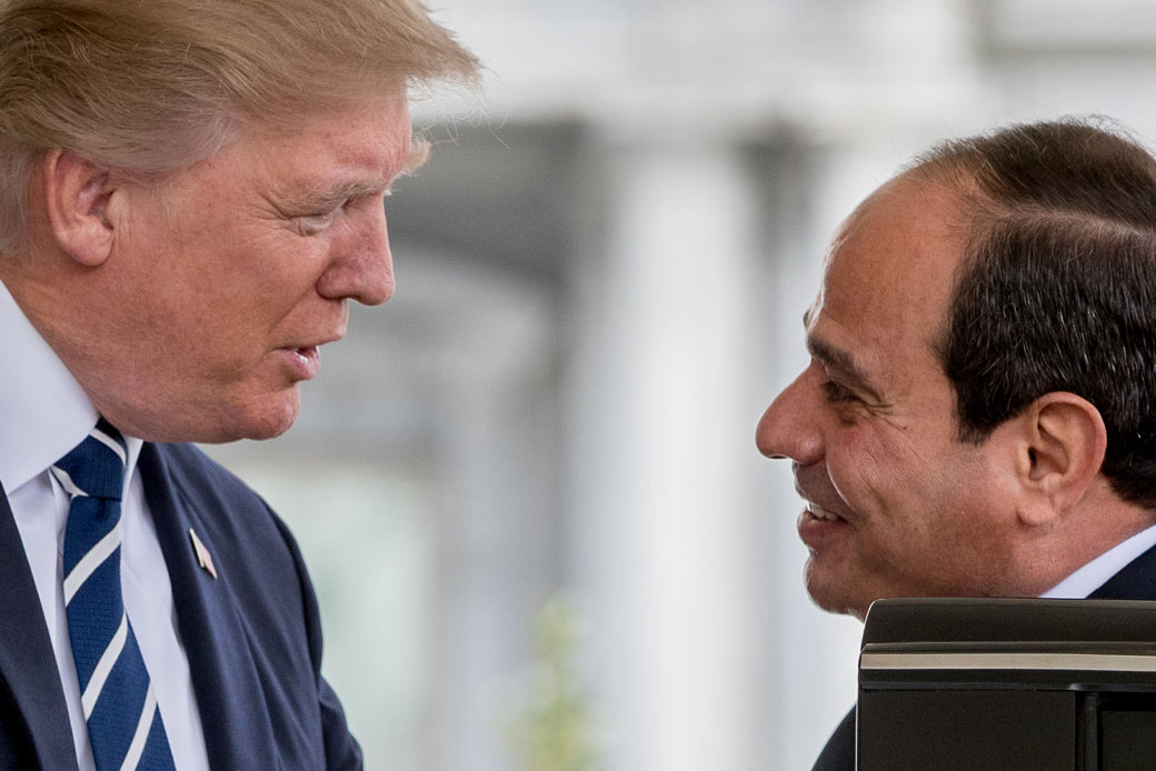 President Donald Trump greets Egyptian President Abdel Fattah Al-Sisi as he arrives at the White House, April 3, 2017, in Washington. (AP/Andrew Harnik)