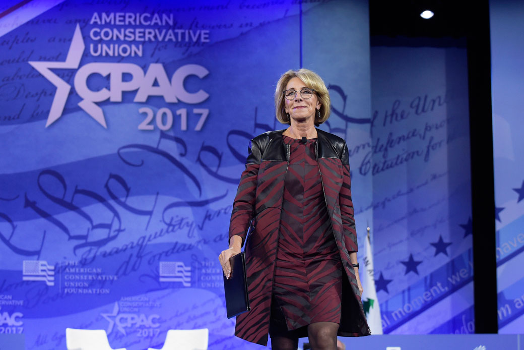 Education Secretary Betsy DeVos arrives to speak at the Conservative Political Action Conference in Oxon Hill, Maryland, February 2017. (AP/Susan Walsh)