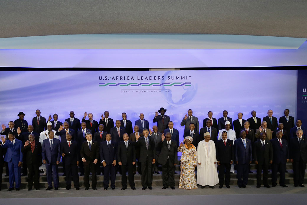 Former President Barack Obama and African leaders pose during a photo session at the U.S. Africa Leaders Summit in Washington, August 2014. (AP/Jacquelyn Martin)