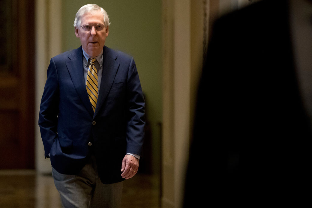 Senate Majority Leader Mitch McConnell (R-KY) arrives on Capitol Hill in Washington, Monday, July 17, 2017. (AP/Andrew Harnik)