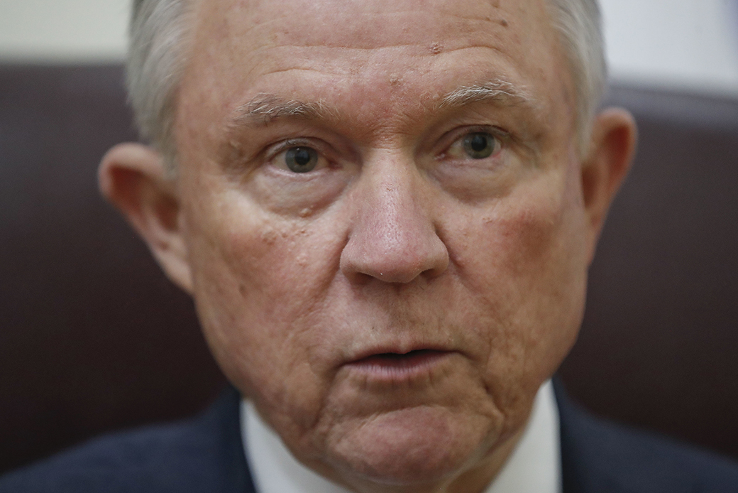 U.S. Attorney General Jeff Sessions speaks during his interview with The Associated Press, July 28, 2017, at the National Police Headquarters in San Salvador, El Salvador. (AP/Pablo Martinez Monsivais)