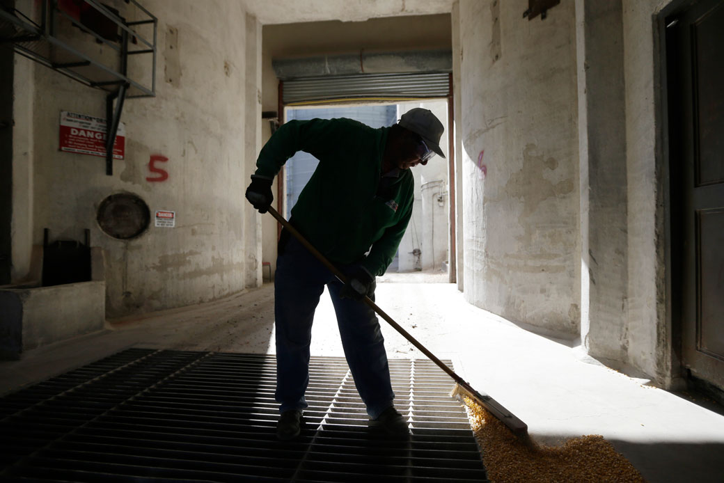 An elevator employee sweeps corn in Thornton, Iowa, on October 13, 2017. (AP/Charlie Neibergall)