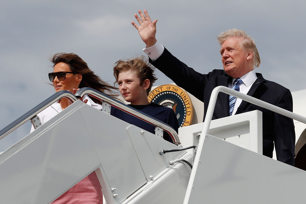 President Donald Trump, first lady Melania Trump, and their son Barron Trump board Air Force One, June 30, 2017. (AP/Carolyn Kaster)