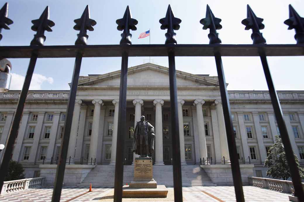 A statue of former U.S. Treasury Secretary Albert Gallatin stands guard outside the Treasury Building in Washington, D.C. (AP/Jacquelyn Martin)