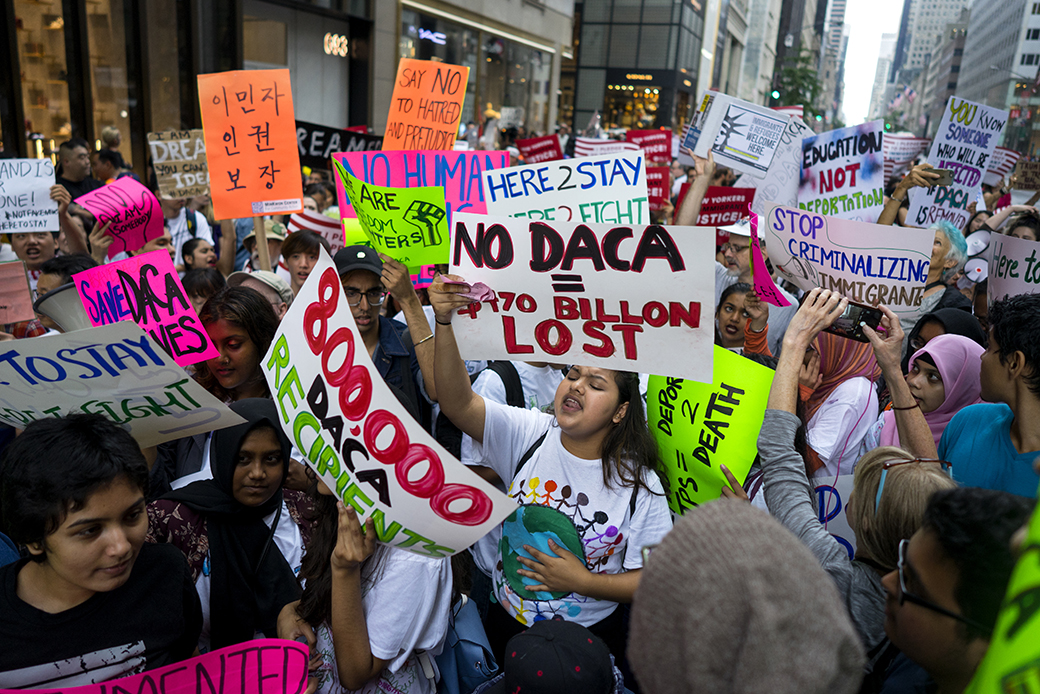 Activists supporting Deferred Action for Childhood Arrivals (DACA) and other immigration issues gather near Trump Tower in New York, August 2017. (AP/Craig Ruttle)
