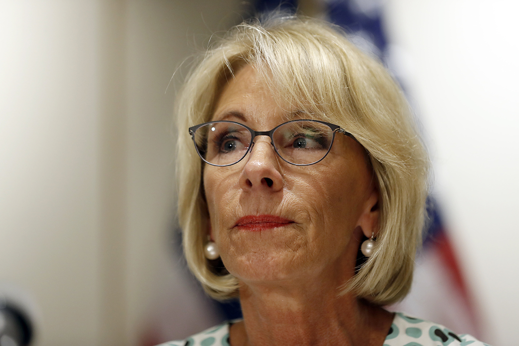 Education Secretary Betsy DeVos pauses while speaking with the media after a series of listening sessions about campus sexual violence, July 13, 2017, in Washington. (AP/Alex Brandon)